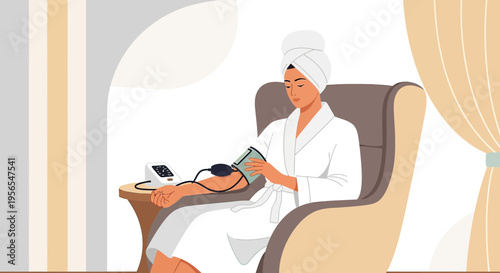 Woman in bathrobe checks blood pressure at home, health monitoring, self-care concept