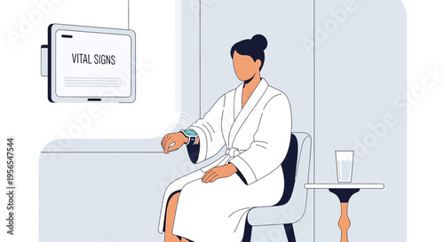Woman in bathrobe checks vital signs on smartwatch, digital health monitoring concept