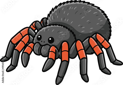 Fuzzy Black Tarantula with Orange Banded Legs, Cute Cartoon Arachnid Character vector illustration
