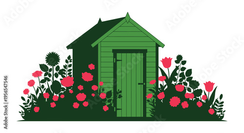 Charming garden shed surrounded by vibrant flowers a bold silhouette
