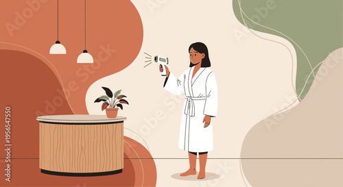 Woman in bathrobe drying hair with hairdryer at spa reception, modern interior design