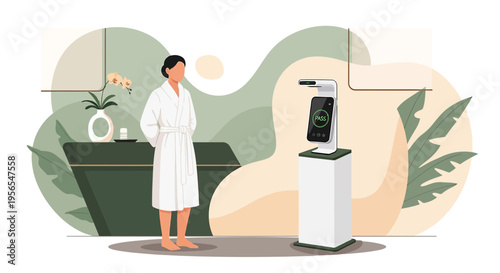 Woman in bathrobe near air purifier with PM2.5 display in spa or hotel room