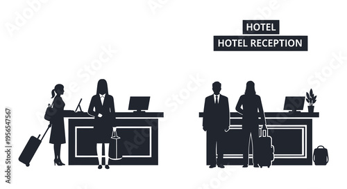 Hotel reception desk with guests and staff a dramatic silhouette