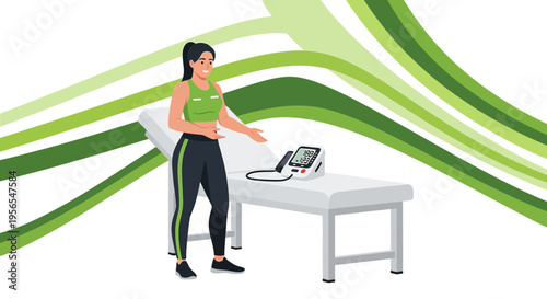 Woman in sportswear near medical device on examination table, health check concept