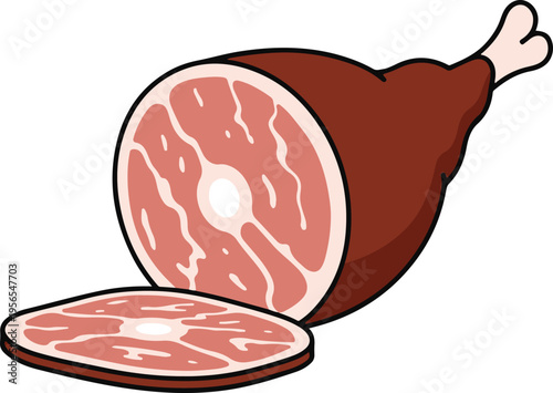 Cured Ham Leg with Bone and Sliced Portion Showing Marbled Interior, Flat Design Charcuterie Icon vector illustration
