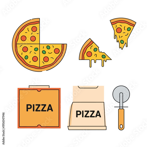 Pizza elements: whole pizza, slices, box, and cutter, flat design