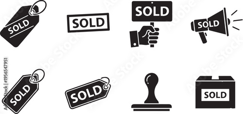 Sold Icon Set: Black Vector Stickers, Tags, Stamps, and Retail Marketing Symbols for E-commerce