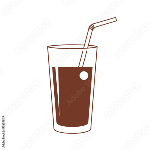 Simple Outline Of A Glass With Dark Brown Beverage And Straw - Vector Illustration
