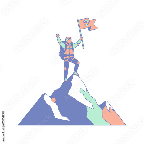Mountain Climber Summit Victory with Flag, Achievement, Success, Adventure, Exploration