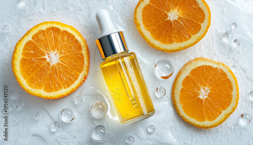 Glass bottle with yellow serum next to orange slices on white liquid splash background. Beauty cosmetic product for skin hydration and nourishment with vitamin C