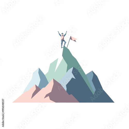 Triumphant Climber on Mountain Peak with Flag, Success and Achievement Concept