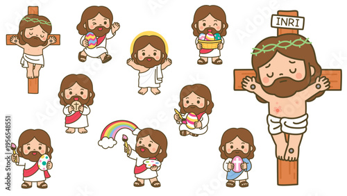 Cute Kawaii Jesus Christ Easter Characters Vector Illustration Bundle
