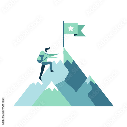 Adventurer climbing mountain peak to reach flag, symbol of achievement and success