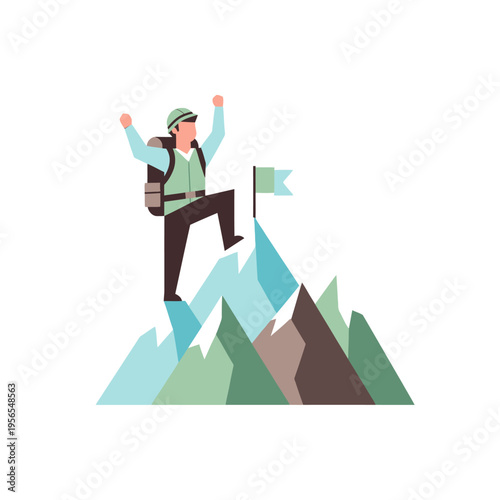 Adventurer celebrating on mountain summit with flag, achieving success and reaching goals.