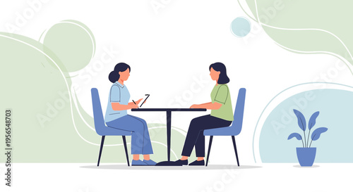 Two women in a meeting, one taking notes, discussing business or therapy