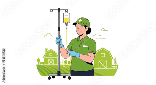 Veterinarian Administering IV Drip to Animal on Farm with Barns