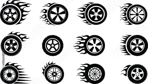 Black and white tire and wheel icons featuring flames, high speed racing elements, drifting motion visuals
