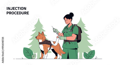 Veterinarian giving injection to dog in outdoor setting, animal care, medical procedure