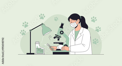 Veterinarian working with microscope and samples, paw prints background