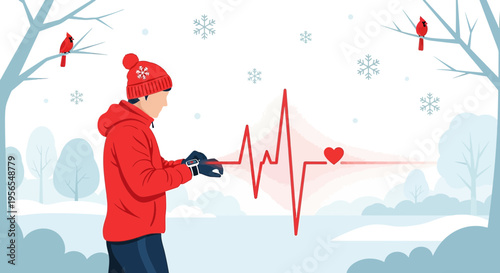Winter runner checking smartwatch with heart rate monitor, snowflakes falling