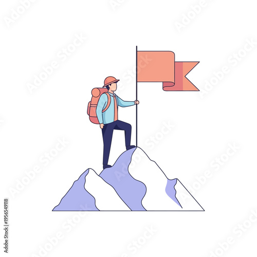 Adventurer Reaching Mountain Summit with Flag, Symbolizing Success and Achievement