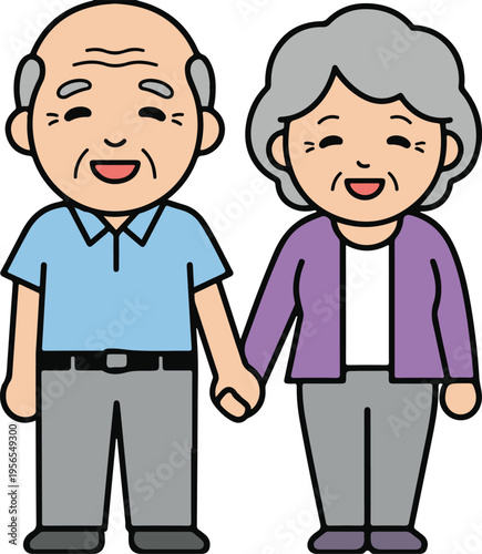 Happy Elderly Couple Holding Hands, Cheerful Senior Citizens Standing Together Flat Cartoon Style vector illustration
