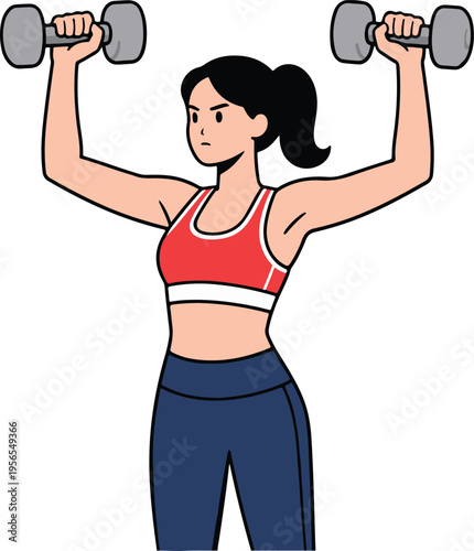 Fit Woman Performing Overhead Dumbbell Press in Red Sports Bra and Blue Leggings, Flat Cartoon Style vector illustration
