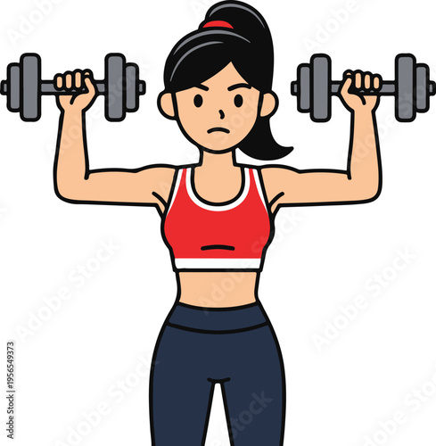 Fit Woman Performing Overhead Dumbbell Press Exercise in Red Sports Bra and Navy Leggings, Determined Expression Flat Design vector illustration
