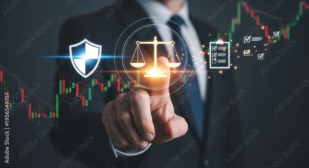 Obraz premium Businessman interacting with law and security icons on financial data background