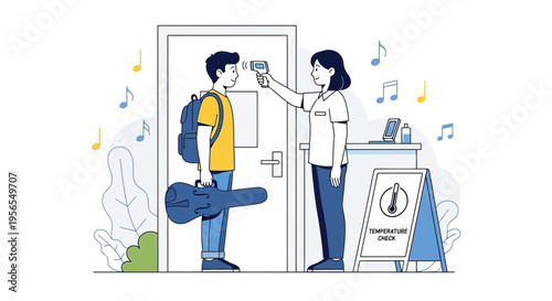 Temperature Check at Entrance: Musician with Guitar Case and Backpack