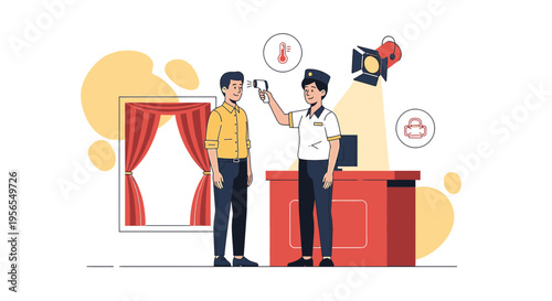 Temperature check at entrance, screening for fever before entry, health safety measures