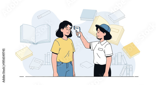 Temperature check at library entrance, student getting scanned with infrared thermometer