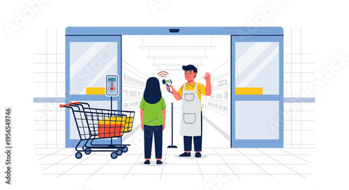 Temperature Check at Supermarket Entrance: Staff Member with Scanner, Customer with Cart