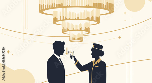 Temperature Check at Luxury Hotel Entrance with Chandelier