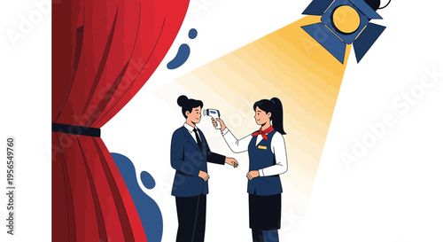 Temperature check at theater entrance with spotlight and red curtain