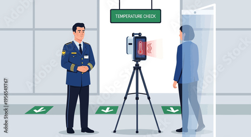 Temperature Check Station: Security Guard Oversees Thermal Screening at Airport or Event Entrance