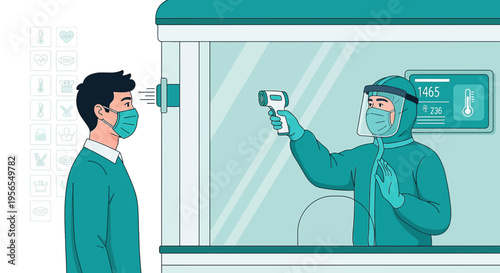 Temperature screening at checkpoint, person in hazmat suit checks temperature with infrared thermometer
