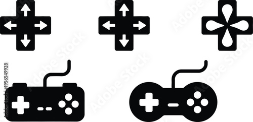 Black game controllers and directional pads in dark silhouette, gaming interface symbols