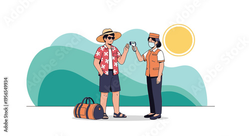Tourist temperature check at resort entrance with luggage and sunny background