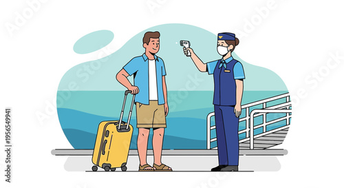 Traveler gets temperature check at port with luggage, health screening for disease prevention