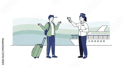 Traveler getting temperature checked by staff before boarding cruise ship