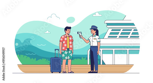 Traveler temperature check at airport with suitcase and tropical background