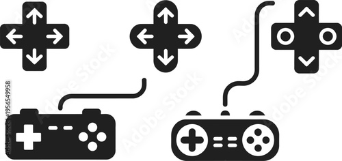 Black game controllers and directional pads in dark silhouette, gaming interface symbols