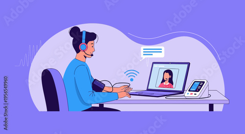 Telemedicine consultation: doctor uses blood pressure monitor during online video call