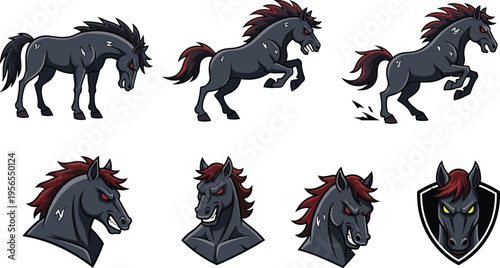 Black Horse Mascot in Various Dynamic Poses, Heads, and Shields for Sports, Team, and Logo Designs