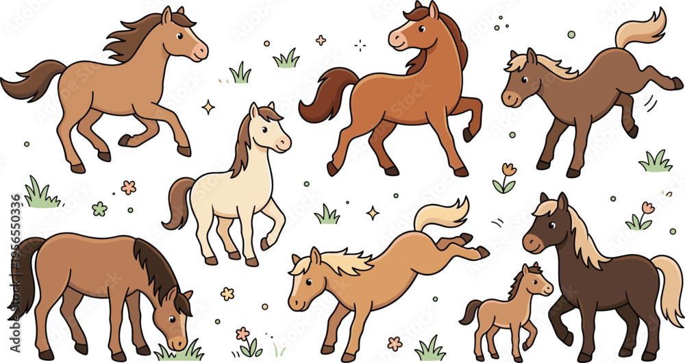 Obraz premium Cartoon Horses in Various Poses, Including Galloping, Running, and Grazing with Flowers and Grass for Farm, Animal, and Nature Designs