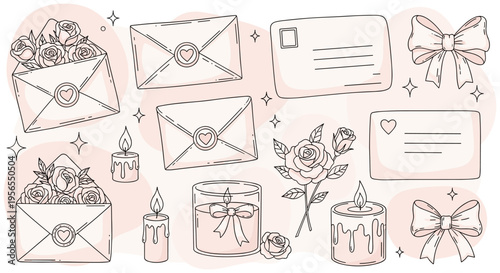 Whimsical romantic stationery set with flowers and candles in soft pink and gray line art on white background for wedding invitation