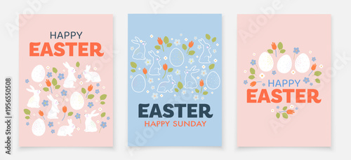 Easter holiday cards. Easter cards in soft colors with images of rabbits, Easter eggs and flowers. Happy Easter card.