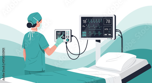 Doctor Adjusts Medical Monitor in Hospital Room with Patient Bed and EKG Display