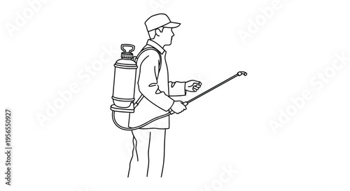 Man with backpack sprayer applying pesticide outdoors in a flat illustration isolated on white background